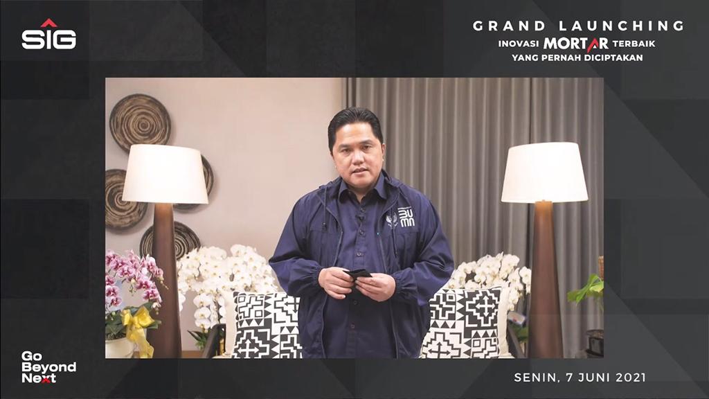 Menteri BUMN RI, Erick Thohir pada acara launching produk "Mortar Indonesia" yang diselenggarakan secara virtual, Senin (7/6/2021).