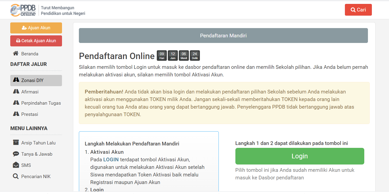 Laman untuk verifikasi dan pendaftaran akun PPDB di DIY.