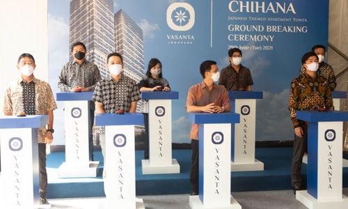 <p>Dewan Direksi Vasanta Innopark dalam upacara peletakan batu pertama Tower Chihana, Selasa, 29 Juni 2021. Foto: Vasanta Group</p>
