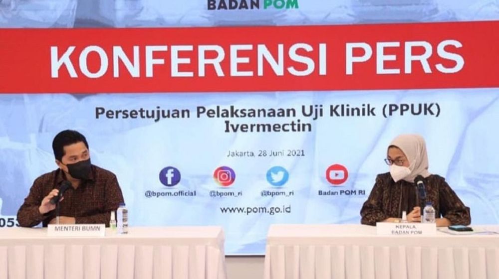 <p>Menteri BUMN Erick Thohir dan BPOM saat konferensi pers obat ivermectin produksi BUMN Indofarma, untuk pencegahan dan penyembuhan COVID-19 /Instagram @kementerianbumn</p>
