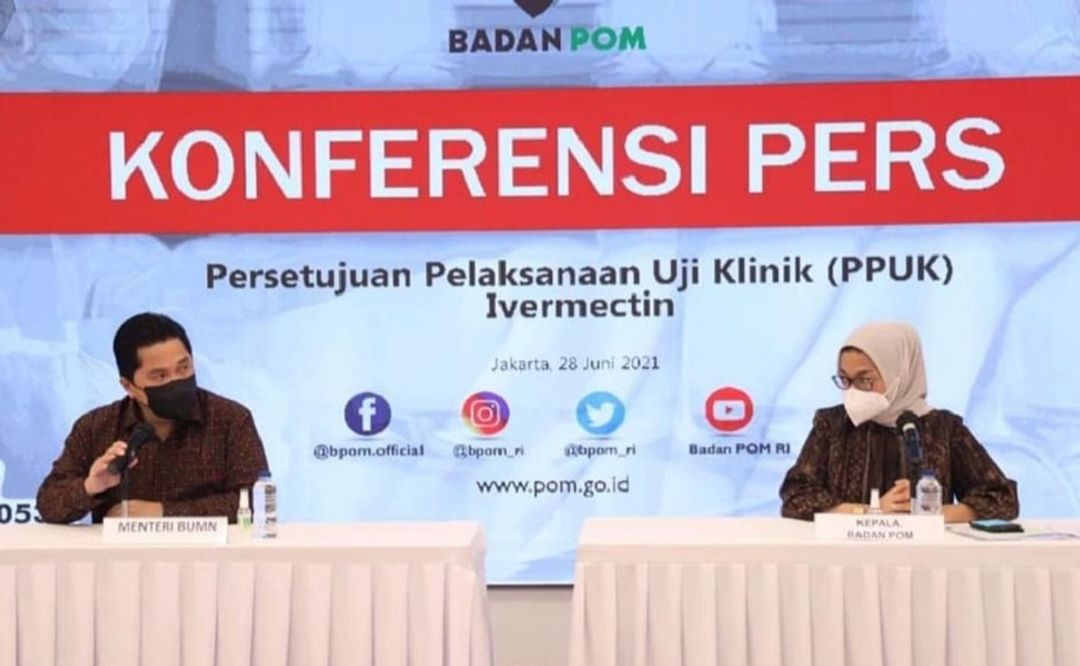 <p>Menteri BUMN Erick Thohir dan BPOM saat konferensi pers obat ivermectin produksi BUMN Indofarma, untuk pencegahan dan penyembuhan COVID-19 /Instagram @kementerianbumn</p>
