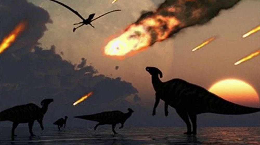 <p>ilustrasi dinosaurus dan hantaman meteor/ google</p>
