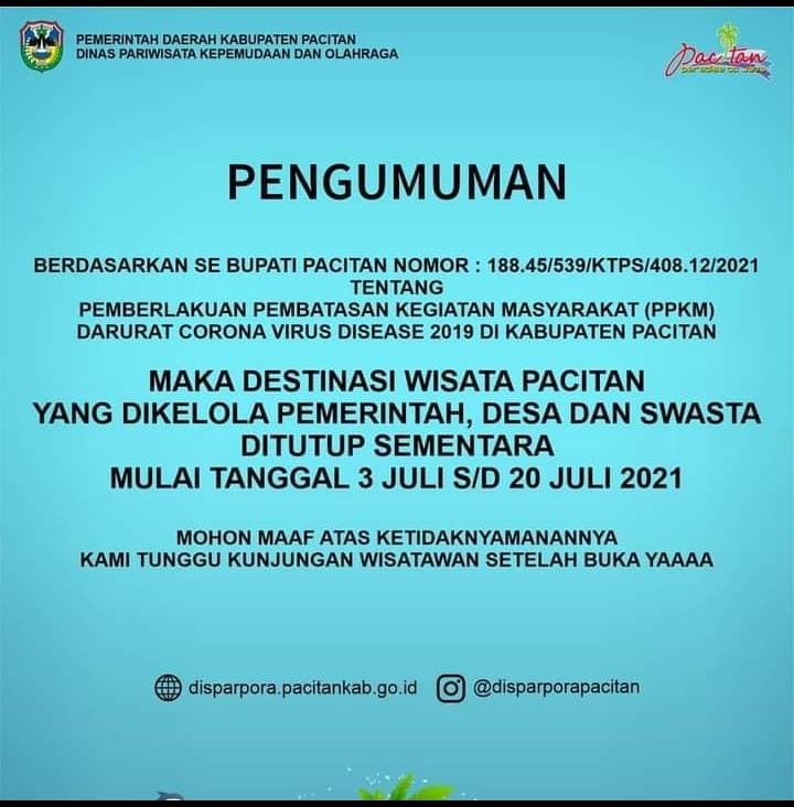 PPKM Darurat COVID-19, Objek Wisata di Pacitan di Tutup Tanggal 3 sampai dengan 20 Juli 2021