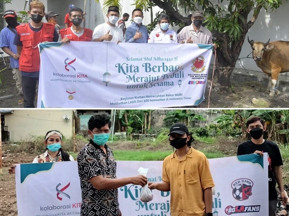 Komunitas suporter PSM Makassar, The Macz Man (atas) dan Red Gank (bawah) antusias berbagi paket daging kurban pada Idul Adha lalu.