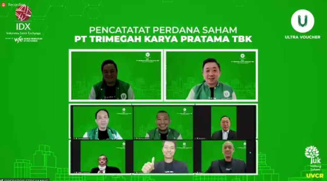 Tangkapan layar pelaksanaan pencatatan saham perdana virtual PT Trimegah Karya Pratama Tbk (UVCR) alias Ultra Voucher di Bursa Efek Indonesia (BEI), Selasa, 27 Juli 2021