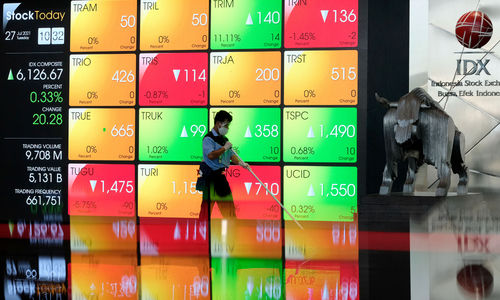 Pekerja melintas dengan latar layar pergerakan indeks harga saham gabungan (IHSG) di gedung Bursa Efek Indonesia (BEI) Jakarta, Selasa, 27 Juli 2021. Foto: Ismail Pohan/TrenAsia