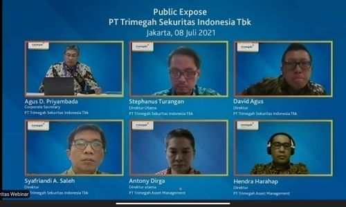 <p>Tangkapan layar paparan publik virtual PT Trimegah Sekuritas Indonesia Tbk (TRIM), Kamis, 8 Juli 2021 / Dok. Drean Muhyil Ihsan</p>
