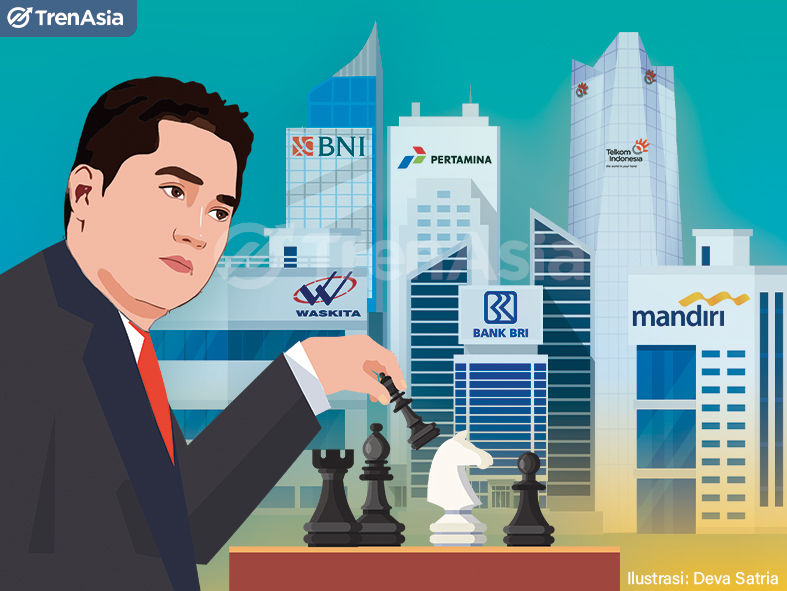 Ilustrasi Menteri BUMN Erick Thohir membongkar jajaran direksi maupun komisaris perusahaan pelat merah. Grafis: Deva Satria/Trenasia