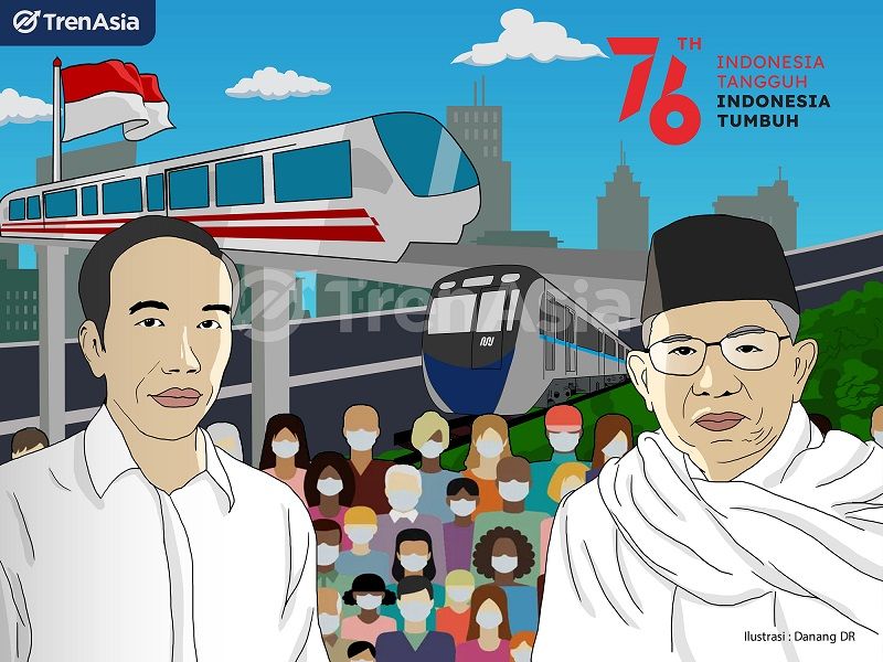 Ilustrasi Presiden Joko Widodo dan Wapres Ma'ruf Amin dalam peringatan HUT ke-76 Republik Indonesia. Ilustrator: Danang DR/TrenAsia