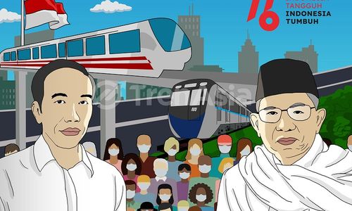 Ilustrasi Presiden Joko Widodo dan Wapres Ma'ruf Amin dalam peringatan HUT ke-76 Republik Indonesia. Ilustrator: Danang DR/TrenAsia