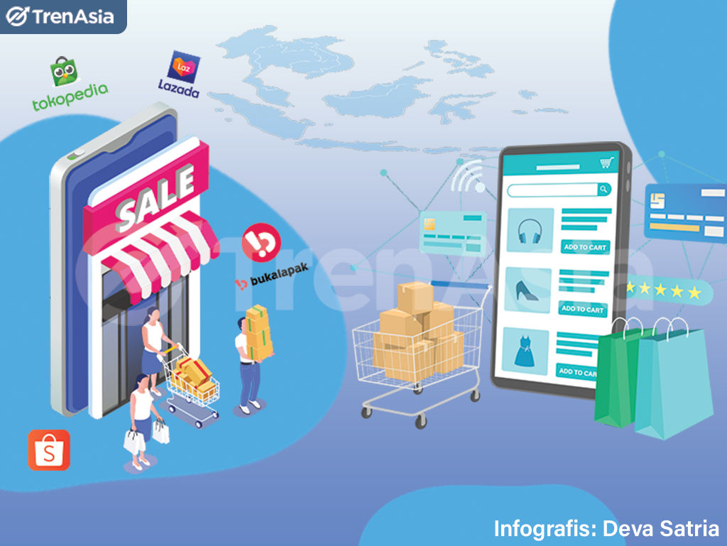 Ilustrasi belanja online di start up e-commerce seperti Tokopedia, Bukalapak, Shopee, Blibli, dan marketplace lain. Ilustrator: Deva Satria/TrenAsia