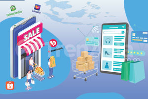 Ilustrasi belanja online di start up e-commerce seperti Tokopedia, Bukalapak, Shopee, Blibli, dan marketplace lain. Ilustrator: Deva Satria/TrenAsia