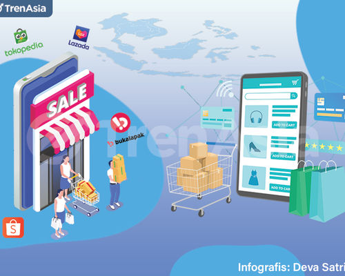 Ilustrasi belanja online di start up e-commerce seperti Tokopedia, Bukalapak, Shopee, Blibli, dan marketplace lain. Ilustrator: Deva Satria/TrenAsia