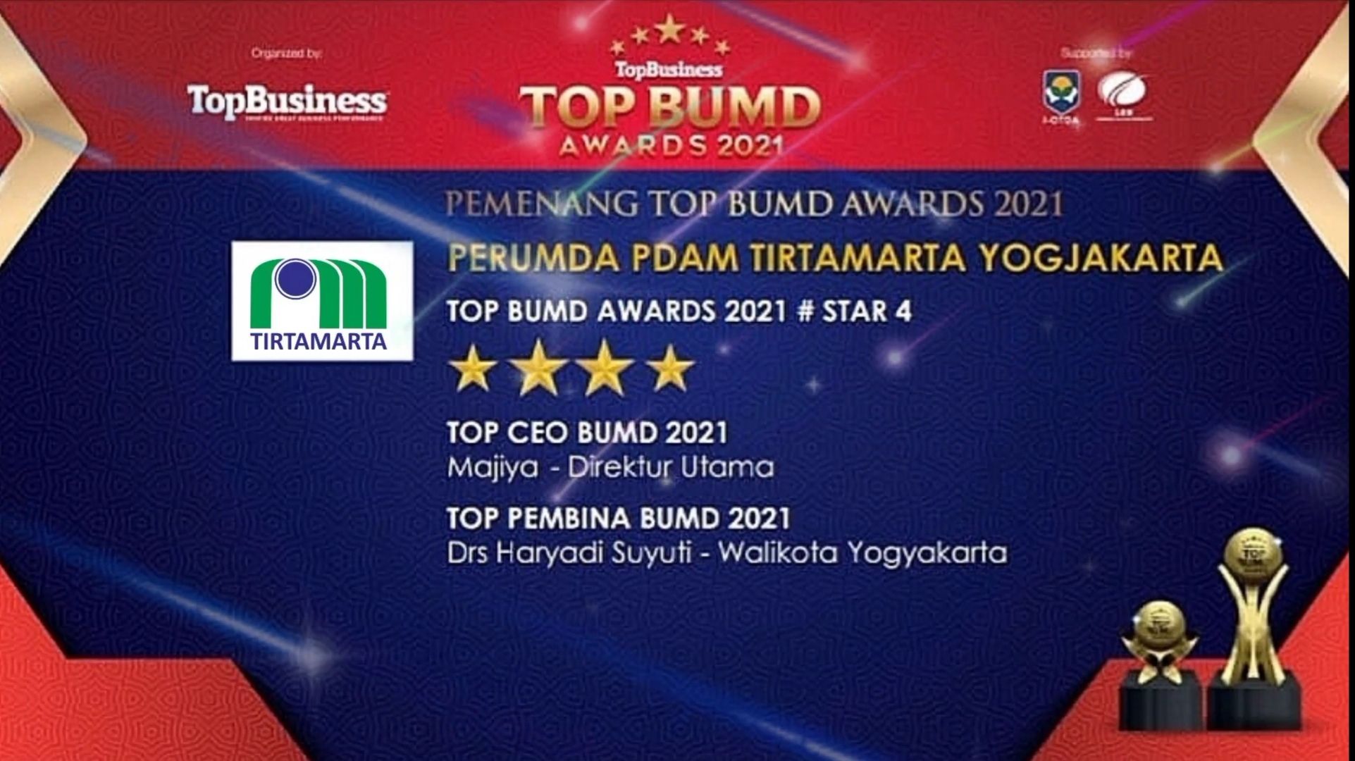 PDAM Tirtamarta menerima penghargaan Top BUMD Award 2021.