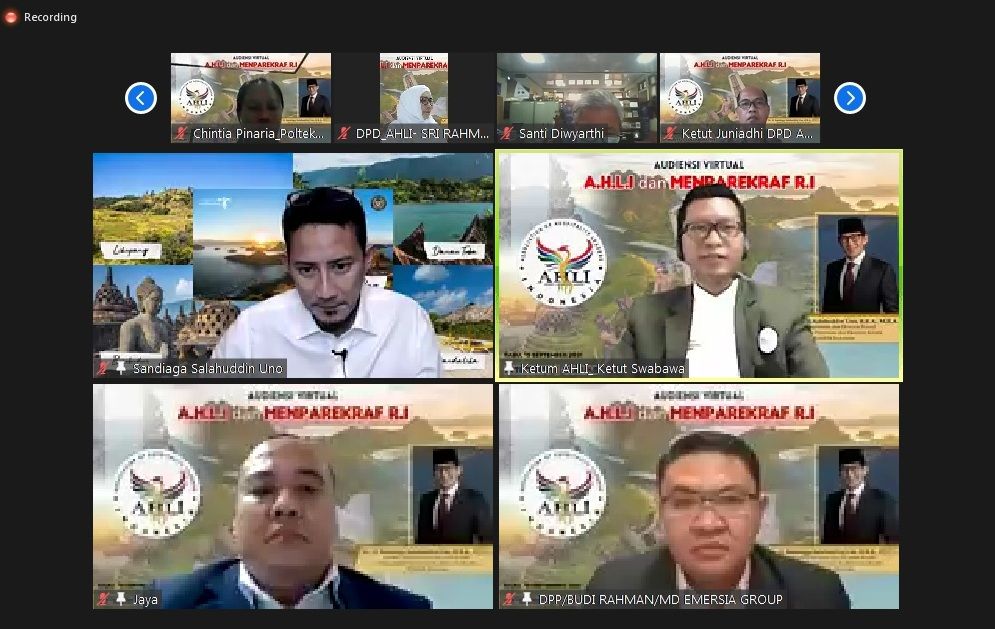 AHLI berkesempatan audiensi secara virtual bersama Menteri Pariwisata dan Ekonomi Kreatif (Menparekraf) Sandiaga Salahuddin Uno, Rabu (15/9/2021).