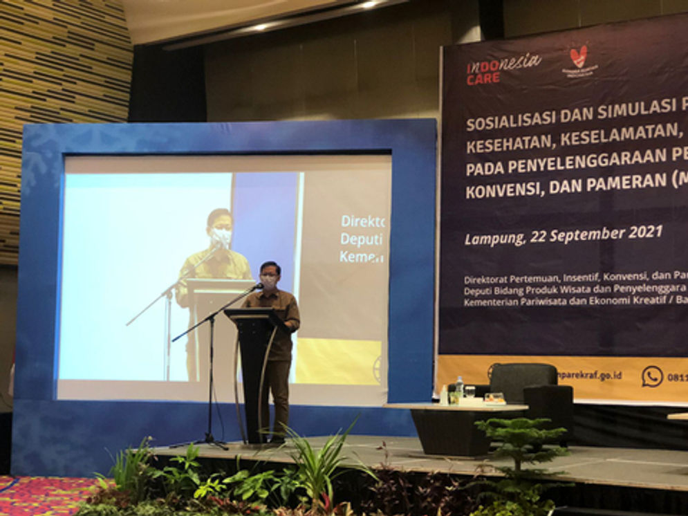 Sosialisasi dan simulasi CHSE pada penyelenggaraan MICE oleh Kemenparekraf Republik Indonesia di Provinsi Lampung, Rabu (22/9/2021).