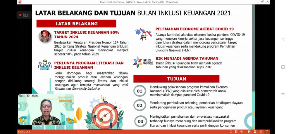 OJK dan Industri Jasa Keuangan kembali menggelar kegiatan tahunan Bulan Inklusi Keuangan (BIK) secara terintegrasi, masif dan berkelanjutan di seluruh wilayah Indonesia dari tanggal 1 - 31 Oktober 2021.