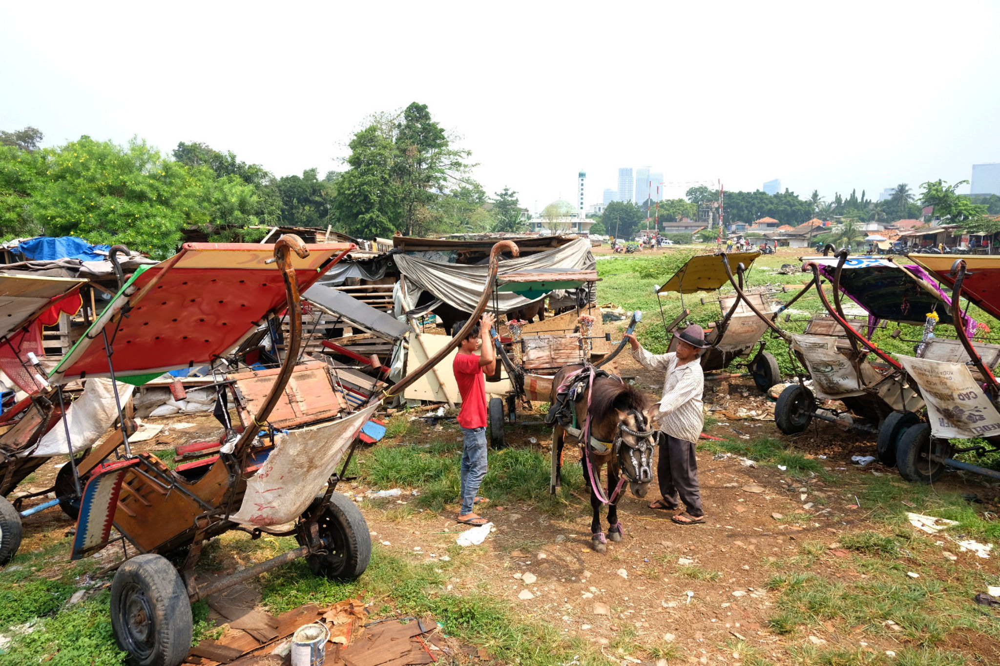 Kusir mempersiapkan delman untuk berkeliling di kampung delman, kawasan Menteng Dalam, Jakarta. Foto: Ismail Pohan/TrenAsia