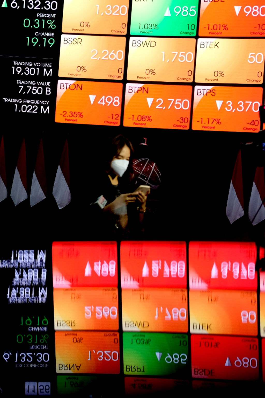 Pewarta beraktivitas dengan latar layar pergerakan indeks harga saham gabungan (IHSG) di gedung Bursa Efek Indonesia (BEI), Jakarta, Rabu, 29 September 2021. Foto: Ismail Pohan/TrenAsia
