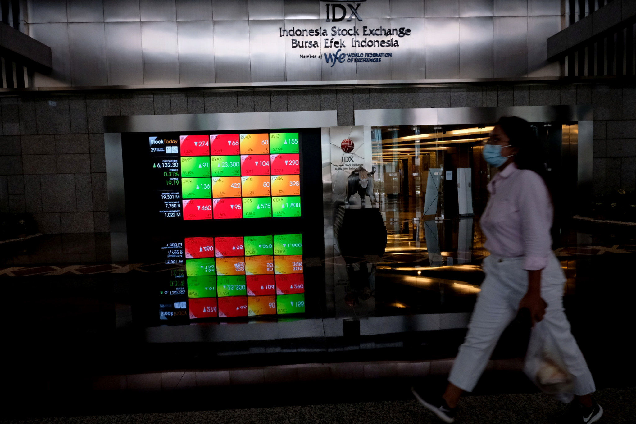 Karyawan beraktivitas dengan latar layar pergerakan indeks harga saham gabungan (IHSG) di gedung Bursa Efek Indonesia (BEI), Jakarta, Rabu, 29 September 2021. Foto: Ismail Pohan/TrenAsia