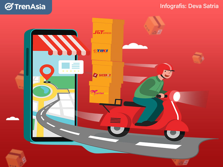 Ilustrasi jasa pengiriman logistik Anteraja, TIKI, JNE, J&T, Sicepat, Lion Parcel, POS Indonesia, yang makin moncer saat booming e-commerce. Ilustrasi: Deva Satria/TrenAsia