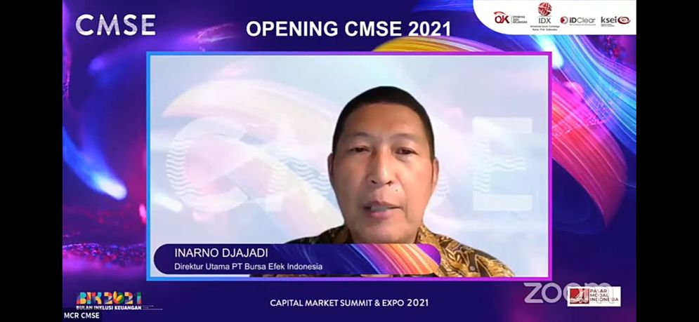 Direktur Utama BEI Inarno Djajadi saat pembukaan CMSE 2021 secara virtual, Kamis (14/10/2021). 