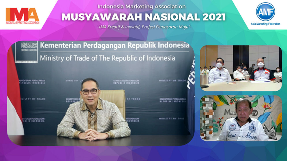  Sambutan Menteri Perdagangan Republik Indonesia Bapak Muhammad Lutfi dalam sesi pembukaan Musyawarah Nasional IMA 2021, disaksikan bersama oleh Co-Founder IMA Bapak Hermawan Kartajaya dan President IMA 2021-2023 Suparno Djasmin.