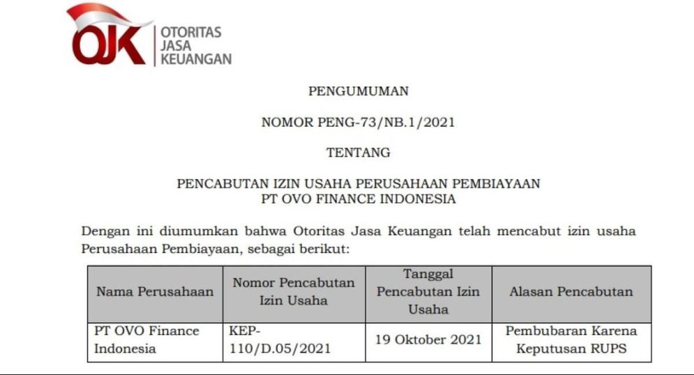 Otoritas Jasa Keuangan (OJK) mencabut izin usaha PT OVO Finance Indonesia. 