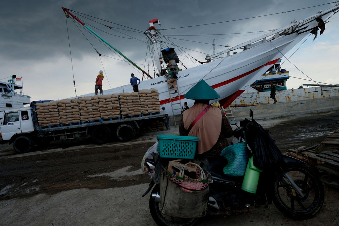 Aktivitas pekerja melakukan bongkar muat barang dari kendaraan truk ke kapal logistik yang bersandar di dermaga pelabuhan Sunda Kelapa, Jakarta, Selasa, 16 November 2021. Foto: Ismail Pohan/TrenAsia