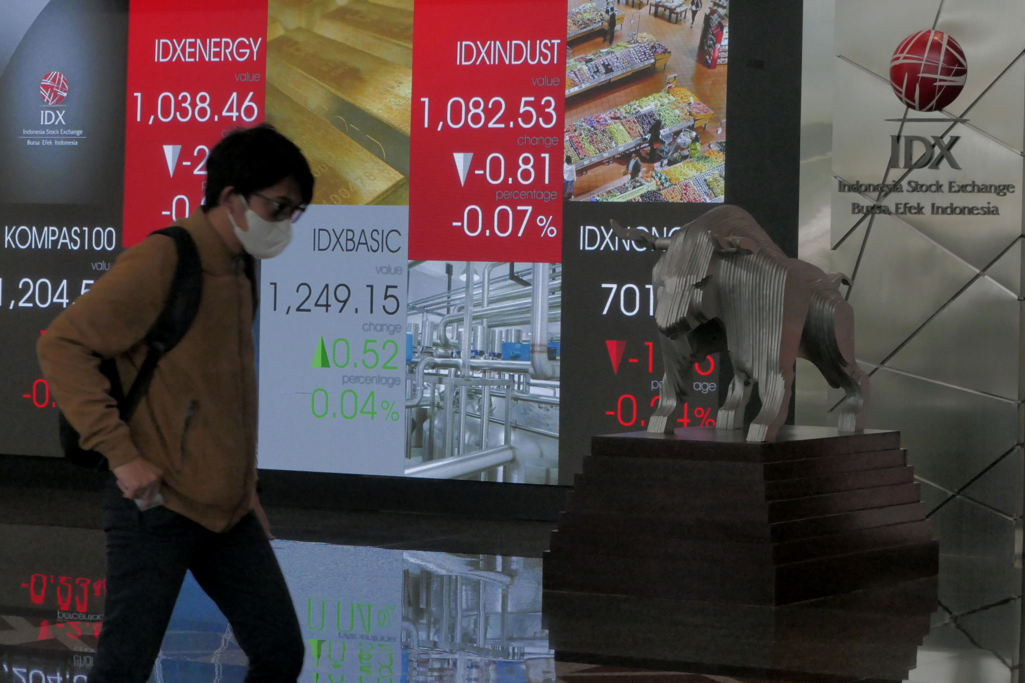 Karyawan melintas dengan latar layar pergerakan indeks harga saham gabungan (IHSG) di Gedung Bursa Efek Indonesia (BEI) Jakarta, Senin, 22 November 2021. Foto: Ismail Pohan/TrenAsia
