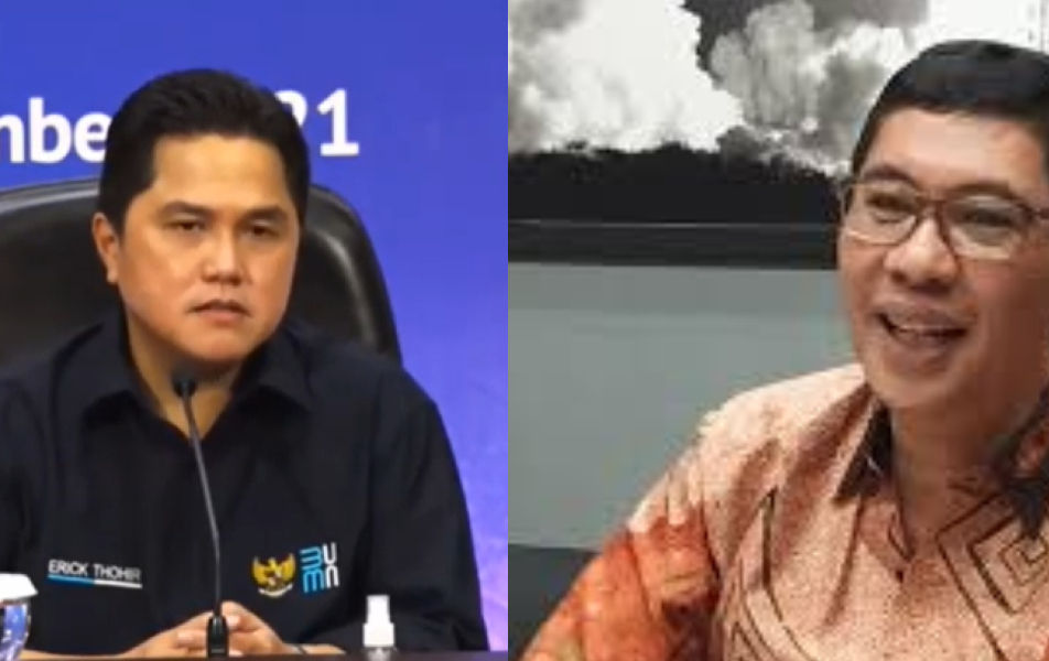 Komisaris Krakatau Sarana Infrastruktur  (KSI) Roy Maningkas (kanan) dan Menteri BUMN Erick Thohir (kiri).