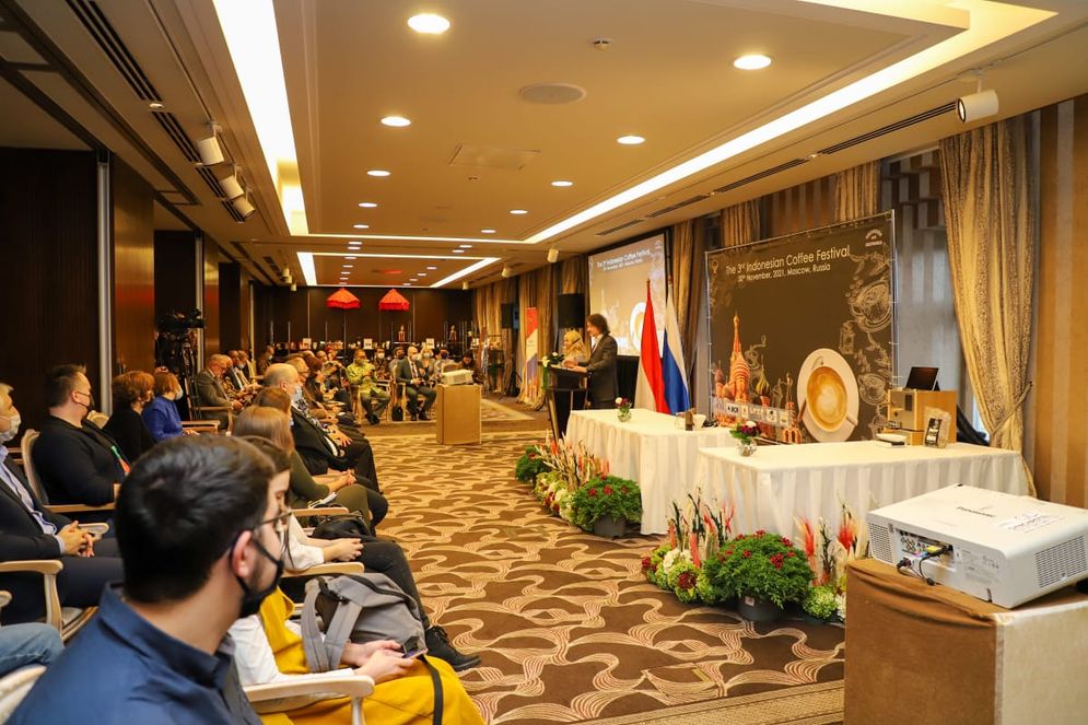 Suasana Festival Kopi Indonesia di  Hotel Baltschug Kempinski, Moskow, Selasa 30 November 2021.