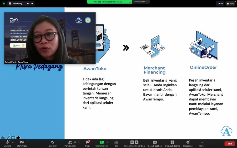 Rahmi Putri - Compliance Manager Awan Tunai dalam kesempatan Webinar literasi keuangan digital dengan Mahasiswa UIN Raden Fatah Palembang