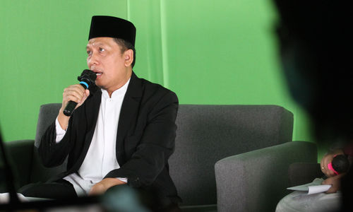 Ketua Dewan Pengawas Syariah HDI Dr. Muhammad Sofwan Jauhari, Lc. M. Ag  dalam acara Talk Show Merintis Bisnis Syariah Bersama HDI. Foto : Panji Asmoro/TrenAsia