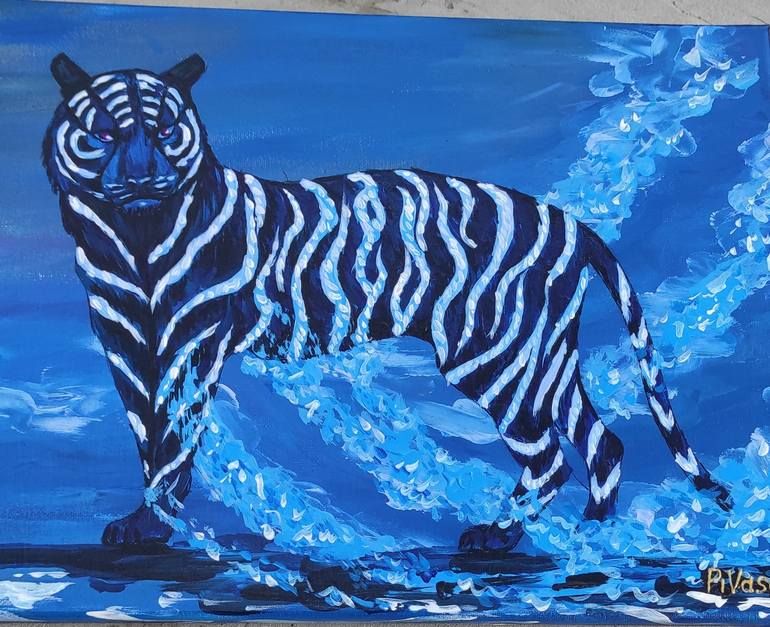 Original Animal Painting by Vaso Pik _ Abstract Expressionism Art on Canvas _ Blue Water Tiger, Symbol New year 2022, Acrylic pa.jpg