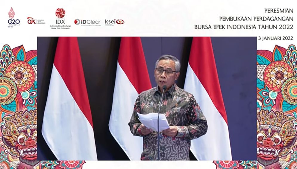 Ketua Dewan Komisioner OJK, Wimboh Santoso pada pembukaan perdagangan Bursa Efek Indonesia (BEI) 2022 secara virtual, Senin (3/1/2022).