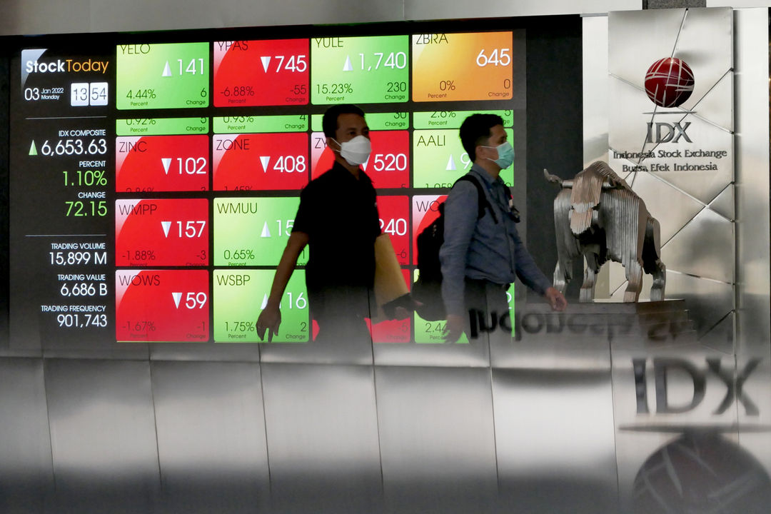 Karyawan beraktifitas dengan latar layar pergerakan indeks harga saham gabungan (IHSG) pada perdagangan perdana di gedung Bursa Efek Indonesia (BEI), Jakarta, Senin, 3 Januari 2022. Foto: Ismail Pohan/TrenAsia