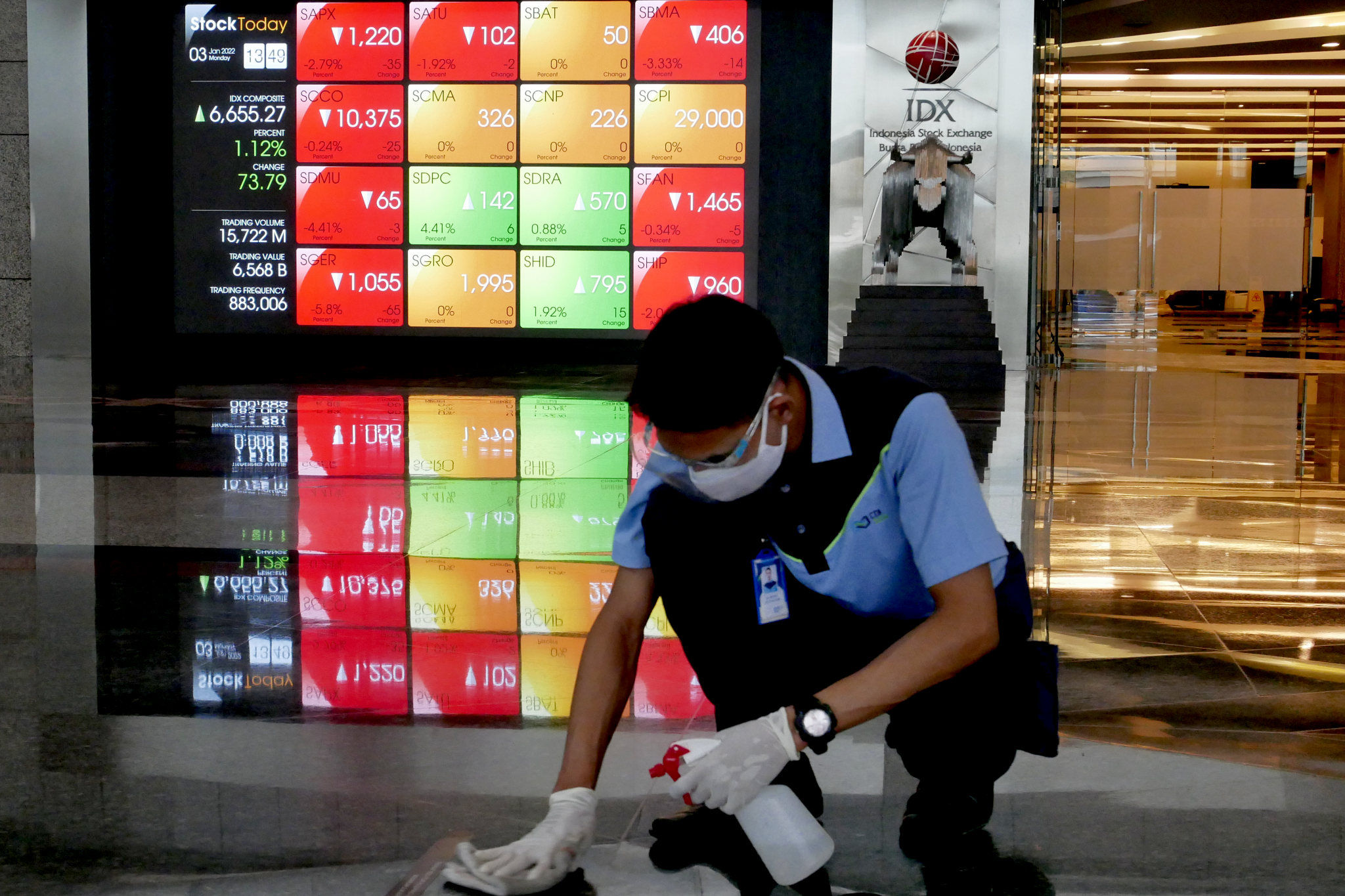 Pekerja beraktifitas dengan latar layar pergerakan indeks harga saham gabungan (IHSG) pada perdagangan perdana di gedung Bursa Efek Indonesia (BEI), Jakarta, Senin, 3 Januari 2022. Foto: Ismail Pohan/TrenAsia