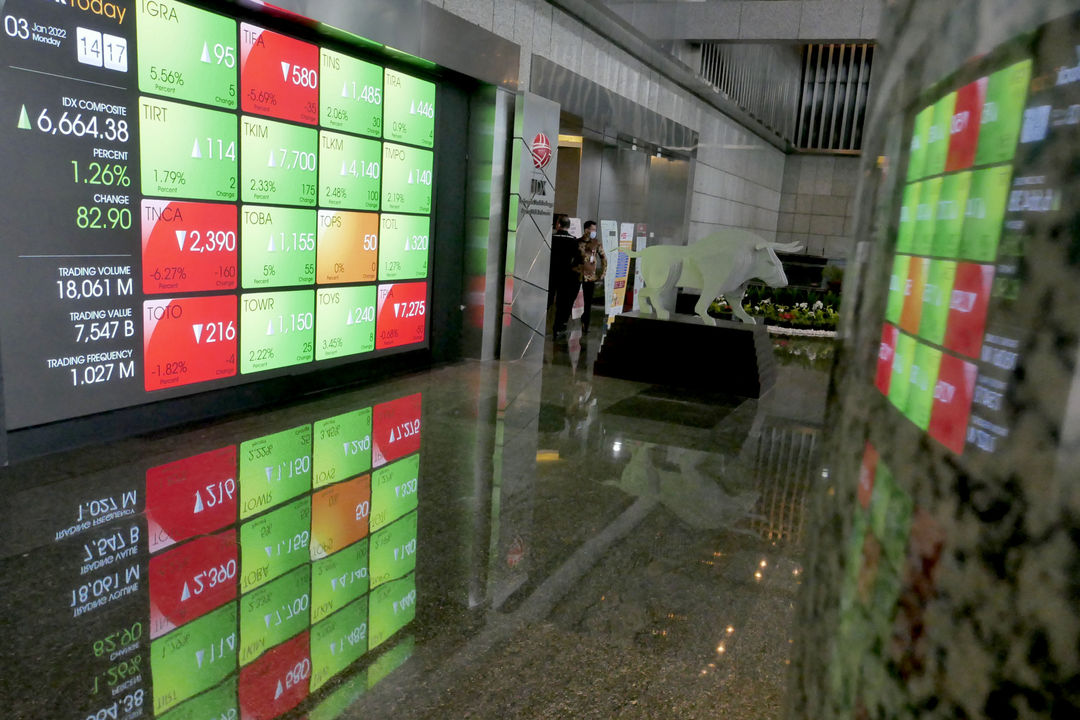 Karyawan beraktifitas dengan latar layar pergerakan indeks harga saham gabungan (IHSG) pada perdagangan perdana di gedung Bursa Efek Indonesia (BEI), Jakarta, Senin, 3 Januari 2022. Foto: Ismail Pohan/TrenAsia