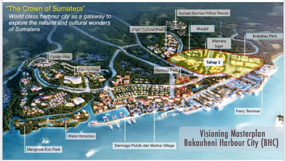 Proyek pengembangan kawasan pariwisata terintegrasi Bakauheni Harbour City di Kabupaten Lampung Selatan.