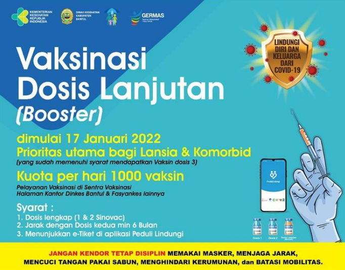 Vaksinasi booster di Kabupaten Bantul akan mulai dilaksanakan pada Senin, 17 Januari 2022.