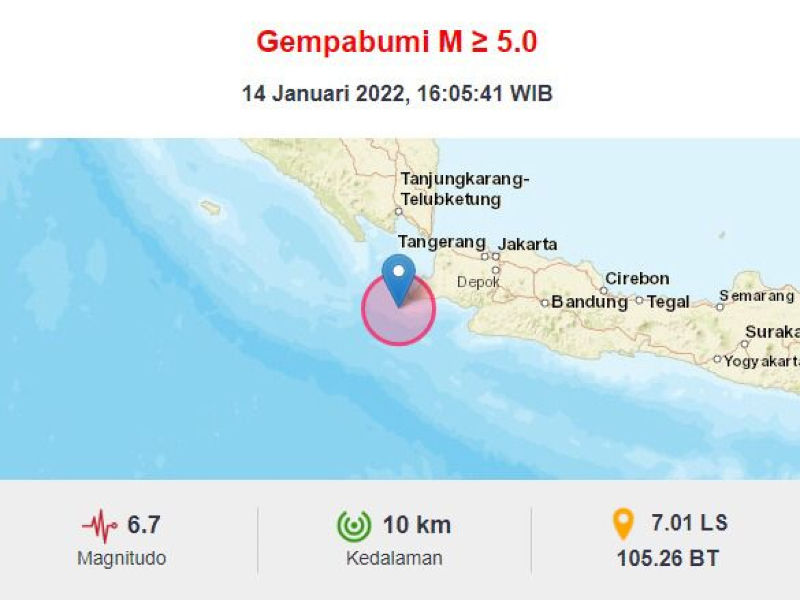 Gempa bumi berkekuatan 6,7 Skala Richter (SR) mengguncang wilayah Provinsi Banten pada Jumat, 14 Januari 2022. Gempa terasa hingga Jakarta dan Jawa Barat.