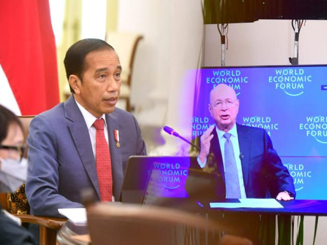 Presiden Joko Widodo berbicara dalam World Economic Forum, secara virtual dari Istana Kepresidenan Bogor, Jawa Barat, Kamis, 20 Januari 2022.