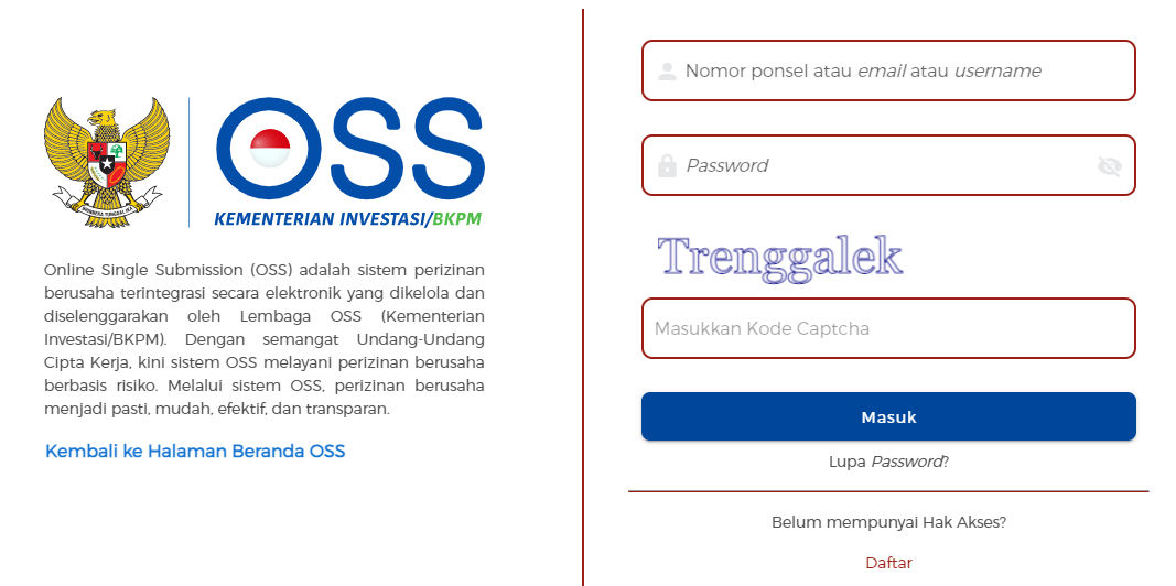 Halaman akses OSS untuk mengajukan Perizinan Berusaha. 