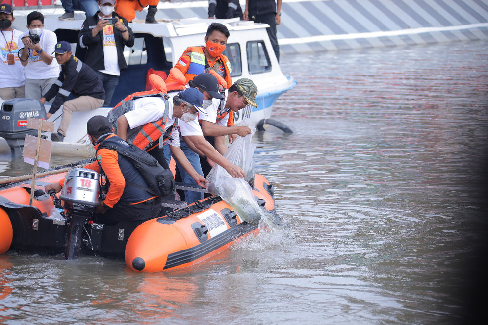 Gubernur Sumsel Herman Deru dan Walikota Palembang Harnojoyo menyebar bibit ikan di Sungai Sekanak