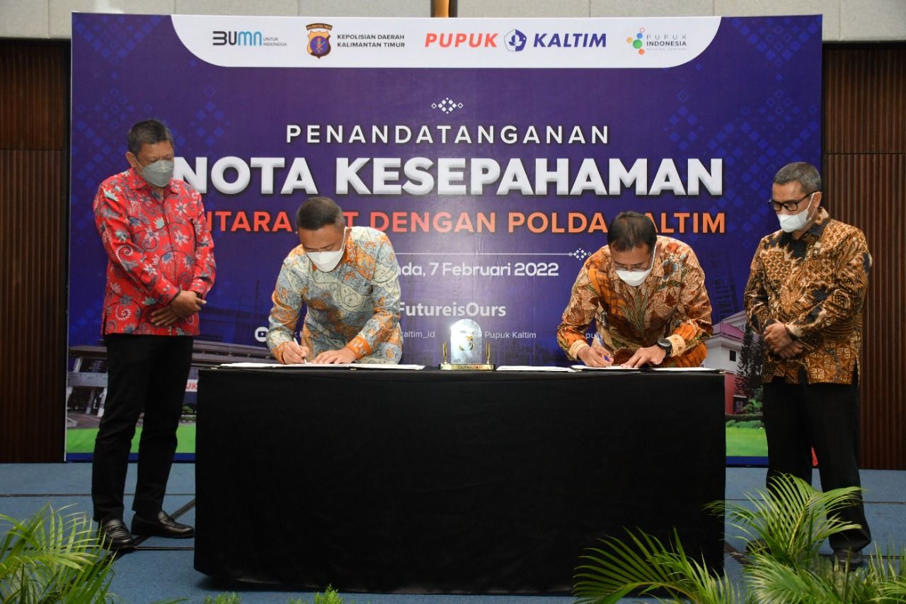 PT Pupuk Kalimantan Timur (Pupuk Kaltim/PKT) tandatangani nota kesepahaman dengan Polda Kaltim, terkait pengamanan di PKT serta pengamanan, pengawalan dan penegakan hukum penyaluran pupuk PKT, dalam mendukung ketahanan pangan nasional