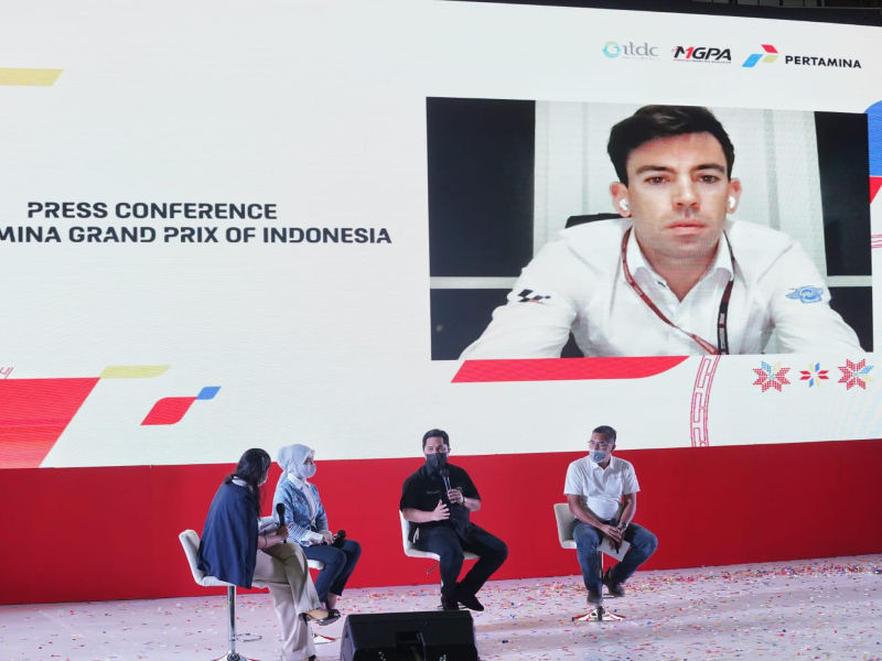 Penandatanganan perjanjian kerjasama Pertamina dengan Dorna Sports, penyelenggara event MotoGP dilakukan secara langsung oleh Direktur Utama Pertamina, Nicke Widyawati dan Managing Director Dorna Sports, S.L, Carlos Ezpeleta (secara online) dan disaksikan oleh Menteri Badan Usaha Milik Negara (BUMN) Erick Thohir di Jakarta, Rabu 9 Februari 2022.