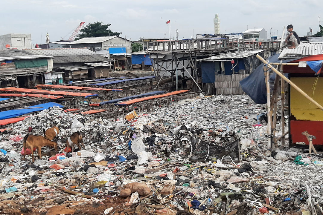 Seorang bocah bermain diantara sampah yang menyebar halaman perkampungan nelayan kawasan Kalibaru, Cilincing, Jakarta Utara. Foto: Ismail Pohan/TrenAsia