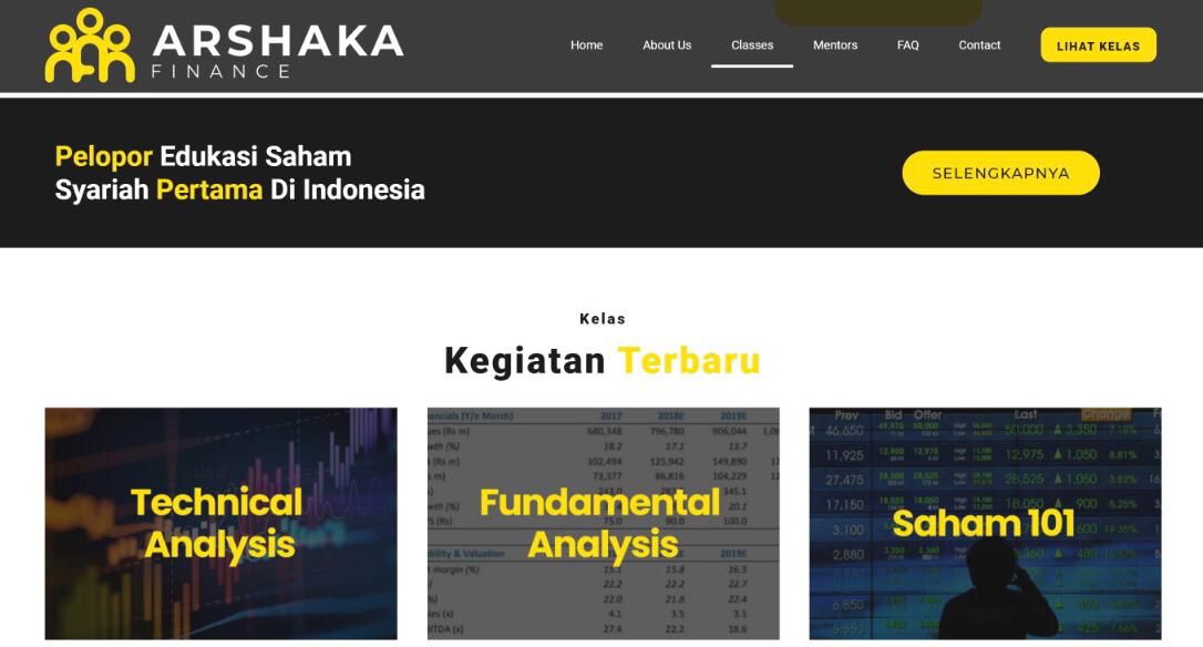 Tampilan situs web layanan edukasi Arshaka Finance, rancangan tim mahasiswa ITS, yang dapat diakses melalui tautan arshakafinance.com.