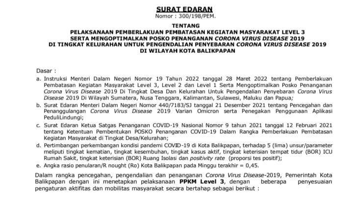 Surat Edaran Wali Kota PPKM Level 3 